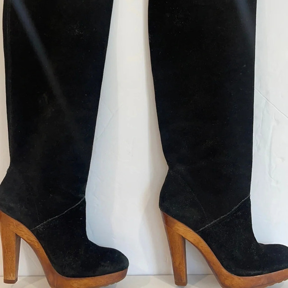 MICHAEL KORS MK Tall Black Suede Wooden Platform Heel Boots Size 7 M - Picture 1 of 16